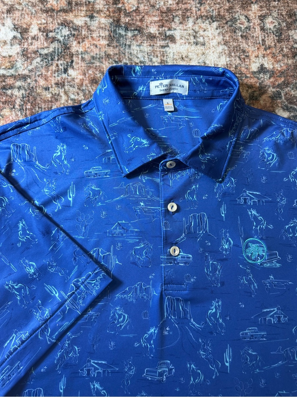 Peter Millar Summer Comfort Men's Blue Western Graphic Print Polo Shirt L